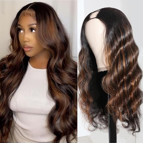 U Part Human Hair Wig  Wave Highlight #1b/30 Ombre Brown Wig 180% Density U Part Wig Half Brazilian Virgin  Human Hair Wigs For Black Women Clip In Glueless No Leave Out Wig 20Inch