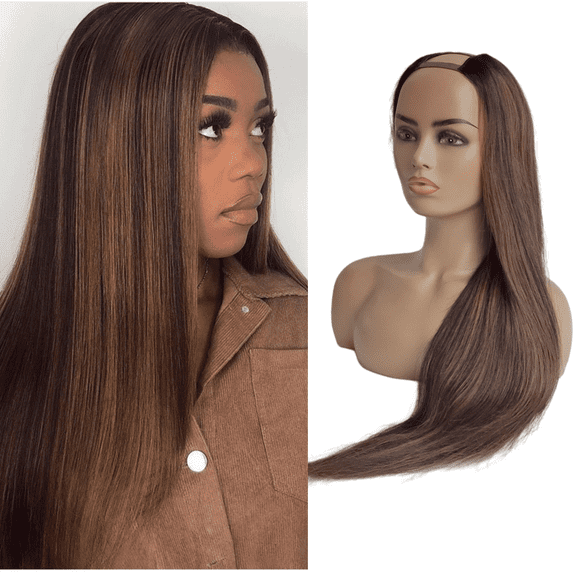 U Part Wigs Ombre Straight Real Virgin Human Hair 2''x 4'' U Shape Half Wig Glueless 150% Density Highlight Brown With Dark Roots For Black Women 20 Inch