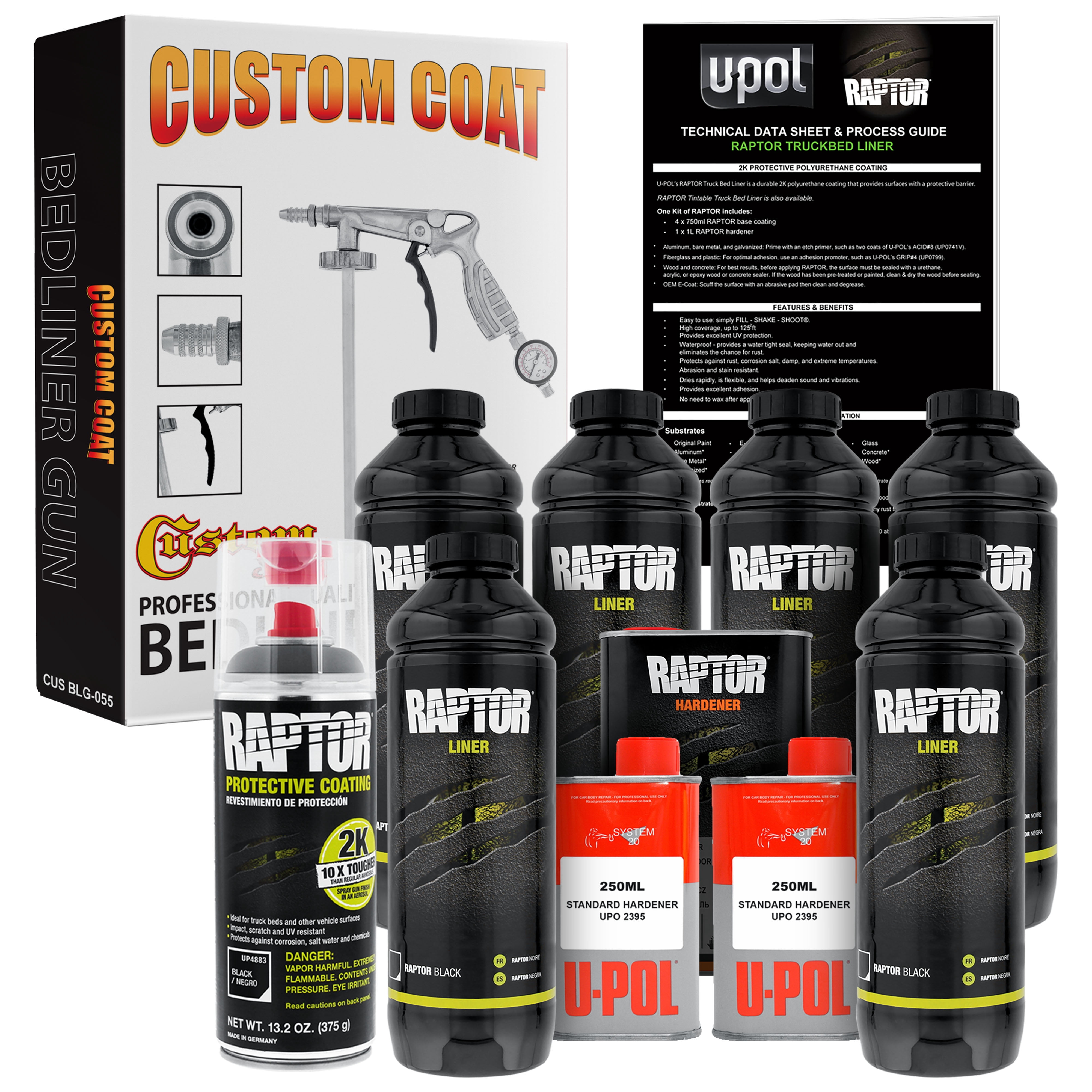 U-Pol Raptor 6 Quart Kit - Black Urethane Spray-On Truck Bed Liner Kit with Custom Coat Spray Gun with Regulator, Bonus Can of Aerosol Bedliner