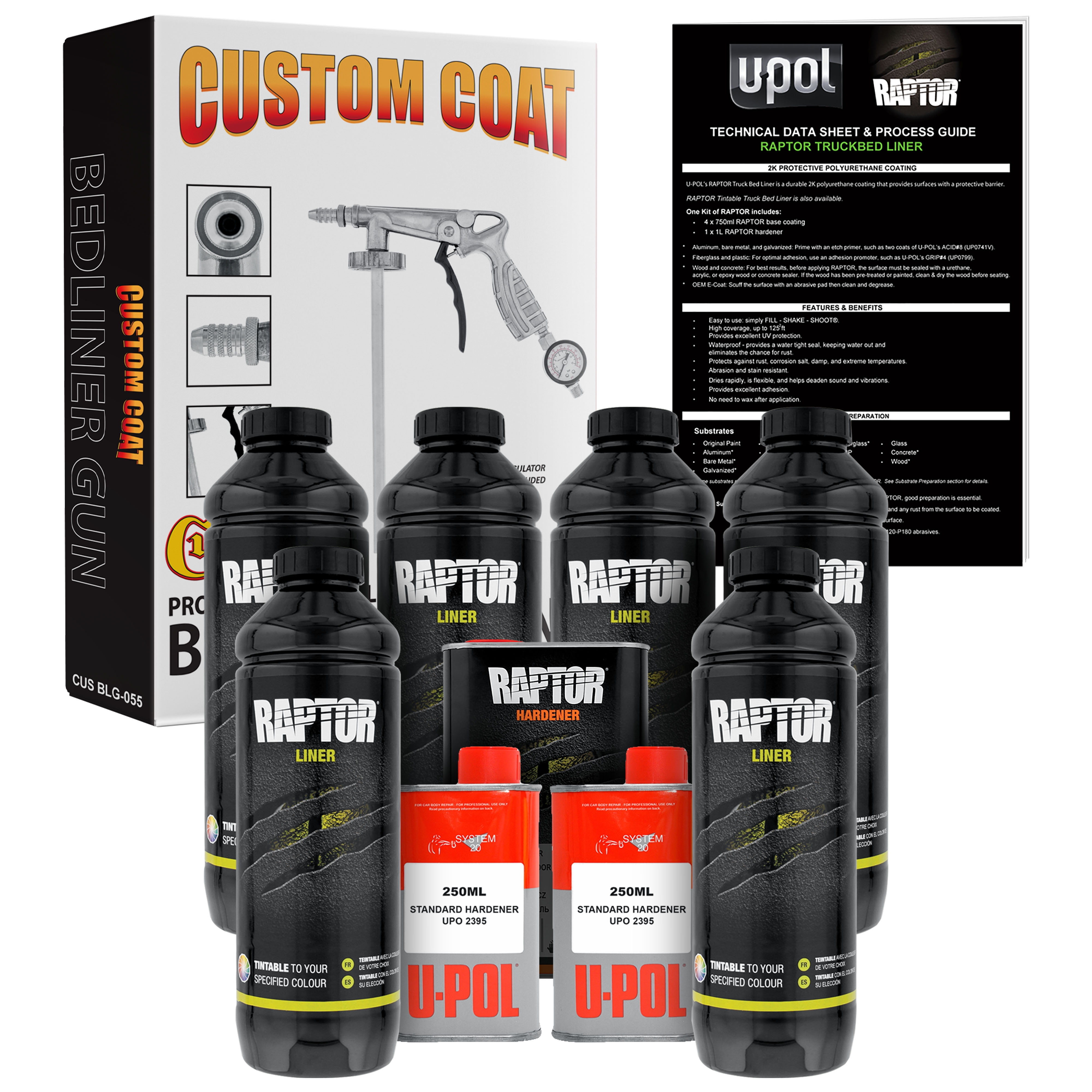 U-Pol Raptor Tintable Urethane Spray-On Truck Bed Liner Kit and Custom Coat Spray Gun with Regulator, 6 Quart Kit