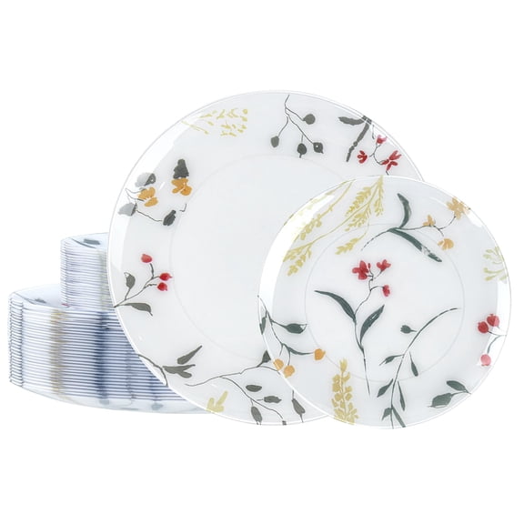 U-QE 50Pcs Wildflower Plastic Plates - Spring Floral Plates Disposable Heavy Duty, Fancy Floral Pattern Perfect for Weddings, Tea Parties, Holidays - 10.25" Dinner Plate & 7.5" Dessert Plate Y101
