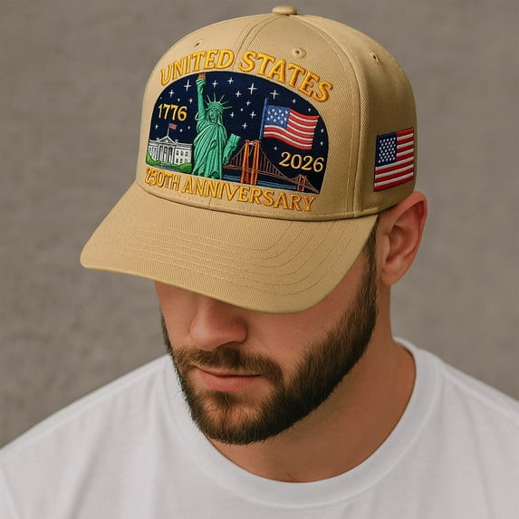U.S. 250 Years Celebration Cap, Khaki Patriotic 250th Anniversary Hat with Liberty Graphic Print, Adjustable Vintage Baseball Cap for Men Women