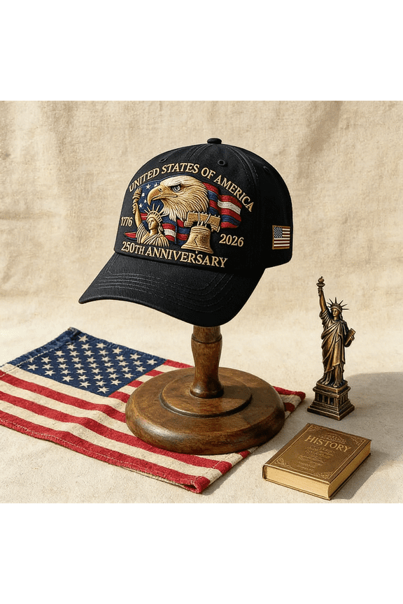 U.S. 250 Years of Patriotism Embroidered Hat, Adjustable Retro Washed Patriotic Baseball Cap, 250th Anniversary Tribute Cap, Black