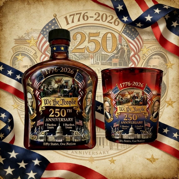 U.S. 250th Anniversary Commemorative Whiskey Bottle & Glass, Independence Printed Collectible Bottle & Glass, 250th Anniversarys Personal Reserve, Patriotic Gift for Liquor Scotch Bourbon Wine