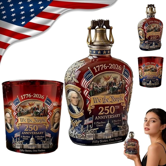 U.S. 250th Anniversary Commemorative Whiskey Bottle, "We The People" Heritage Glass Decanter Set for Bourbon, Scotch and Wine, Patriotic Collector's Gift for Anniversaries and History Lovers