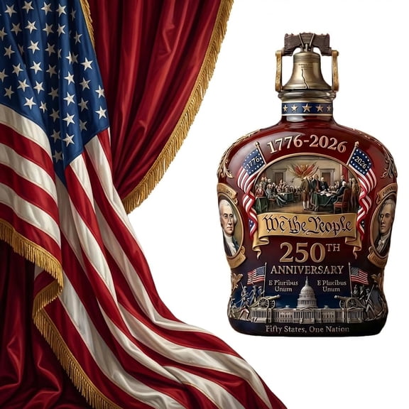 U.S. 250th Anniversary Commemorative Whiskey Decanter Bottle with Liberty Bell Stopper, "we the People" 1776-2026, Glass, Amber Brown, 7.6x6.6 Inches