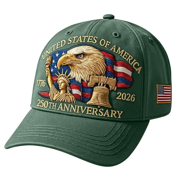 U.S. 250th Anniversary Eagle Hat, Patriotic Baseball Cap with Printed Eagle Design, Vintage Washed Adjustable Cap, Celebrate 1776 - 2026 Freedom and Pride, Dark Green