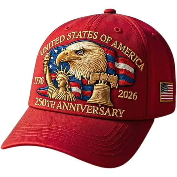 U.S. 250th Anniversary Hat, Vintage Embroidered Baseball Cap Celebrating 250 Years of America, Adjustable Patriotic Design, Red
