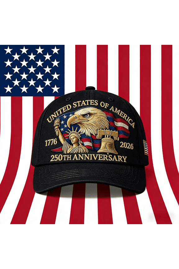 U.S. 250th Anniversary Tribute Hat, Adjustable Vintage Washed Baseball Cap Featuring Printed Eagle, Black