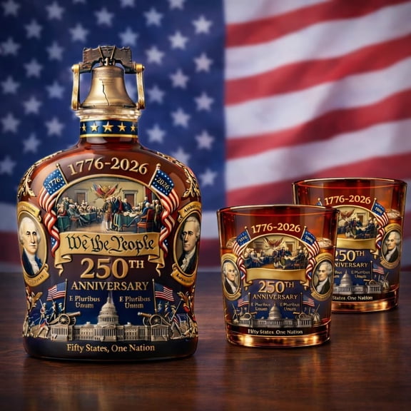 U.S. 250th Anniversary Whiskey Decanter, We The People 1776-2026 Amber Glass with Liberty Bell Stopper, 350 mL (11.8 fl oz), 7.6 in, Commemorative Gift