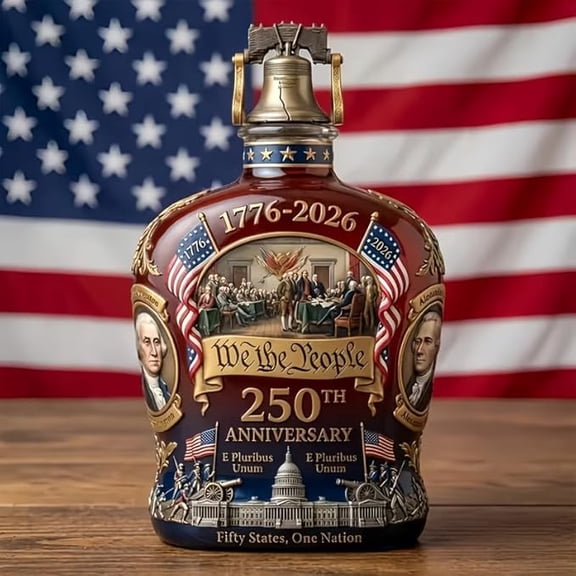 U.S. 250th Anniversary Whiskey Decanter Set, We The People 1776-2026 Amber Glass Decanter with Liberty Bell Stopper, 2 Whiskey Glasses, 350 mL Patriotic Gift