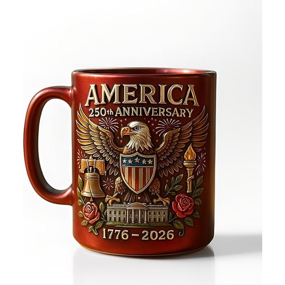U.S.A. 250th Anniversary Commemorative Mug, Guarding Eagle - Flag Logo, U.S.A. 250th Anniversary Printed Ceramic Mug
