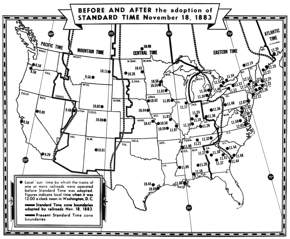 U.S.A. Time Zones Map, 1883. /Nan 1883 Map Of The United States Showing