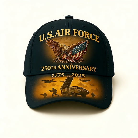 U.S. Air Force 250th Anniversary 1775-2025 Cap: Eagle With Flag And Military Vehicle Design