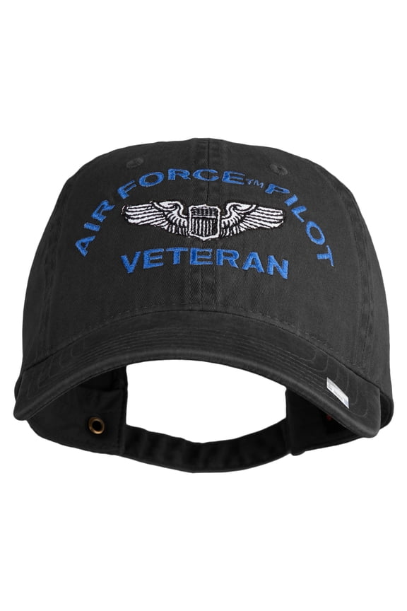 U.S. Air Force Pilot Veteran Embroidered Washed Solid Pigment Dyed Cotton Twill Brass Buckle Cap - Black OSFM