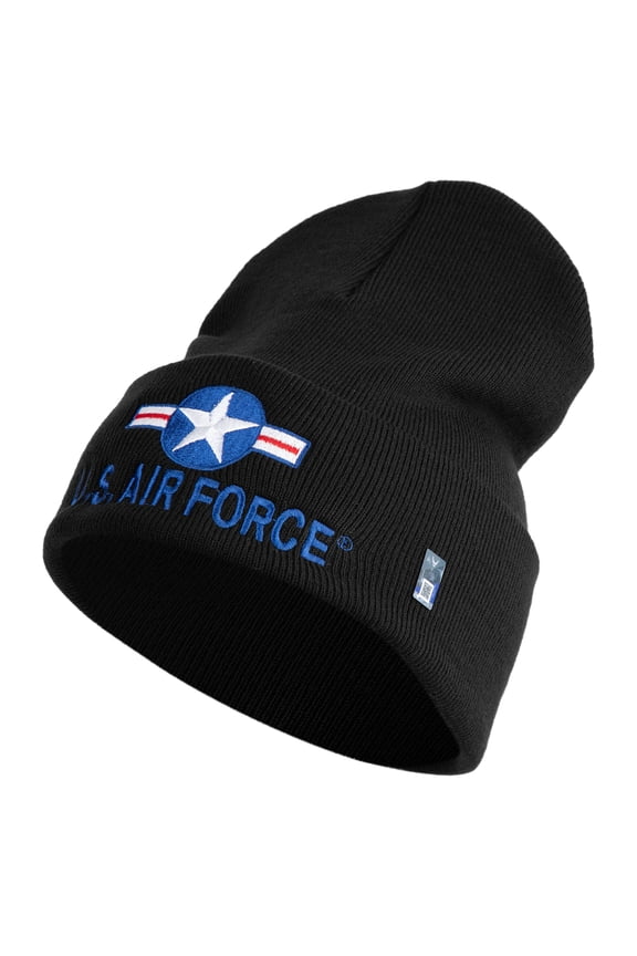 U.S. Air Force Roundel Logo Embroidered 12 Inch Solid Knit Cuff Long Beanie Made in USA - Black OSFM