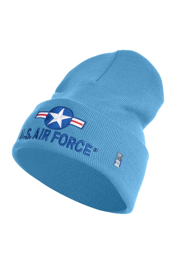 U.S. Air Force Roundel Logo Embroidered 12 Inch Solid Knit Cuff Long Beanie Made in USA - Carolina Blue OSFM