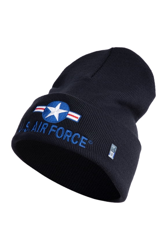 U.S. Air Force Roundel Logo Embroidered 12 Inch Solid Knit Cuff Long Beanie Made in USA - Navy OSFM