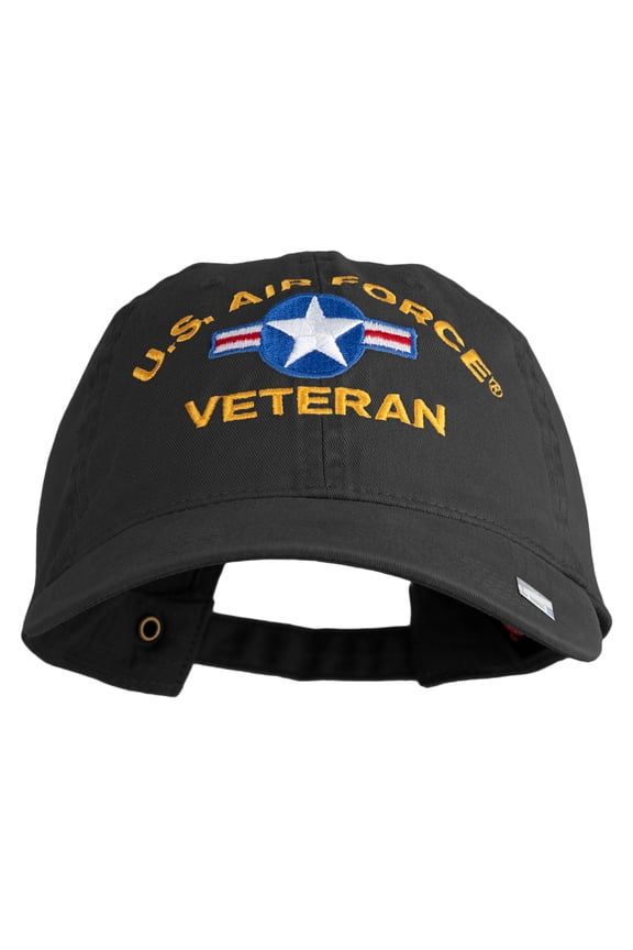 U.S. Air Force Roundel Veteran Embroidered Washed Solid Pigment Dyed Cotton Twill Brass Buckle Cap - Black OSFM