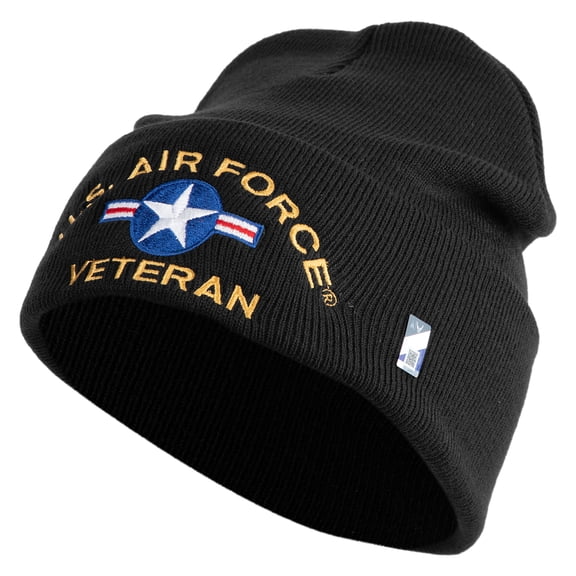 U.S. Airforce Veteran with Roundel Logo Embroidered 12 Inch Solid Knit Cuff Long Beanie Made in USA - Black OSFM