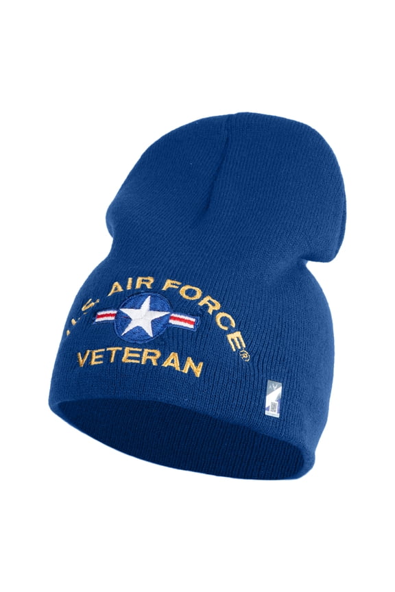 U.S. Airforce Veteran with Roundel Symbol Embroidered 8 Inch Solid Knit Short Beanie Made in USA - Royal Blue OSFM