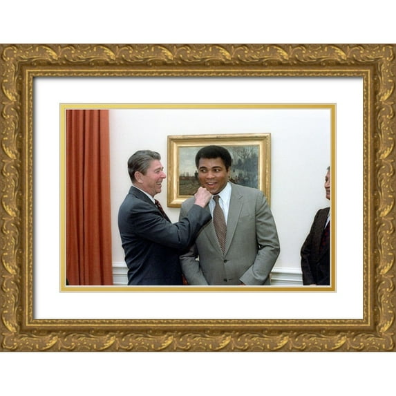 U.S. Archives 14x11 Gold Ornate Wood Framed with Double Matting Museum Art Print Titled - President Ronald Reagan Punching Muhammad Ali in The Oval Office