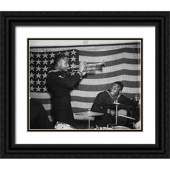 U.S. Archives 14x12 Black Ornate Wood Framed with Double Matting Museum Art Print Titled - WWII Special United States Naval Construction Battalion Band