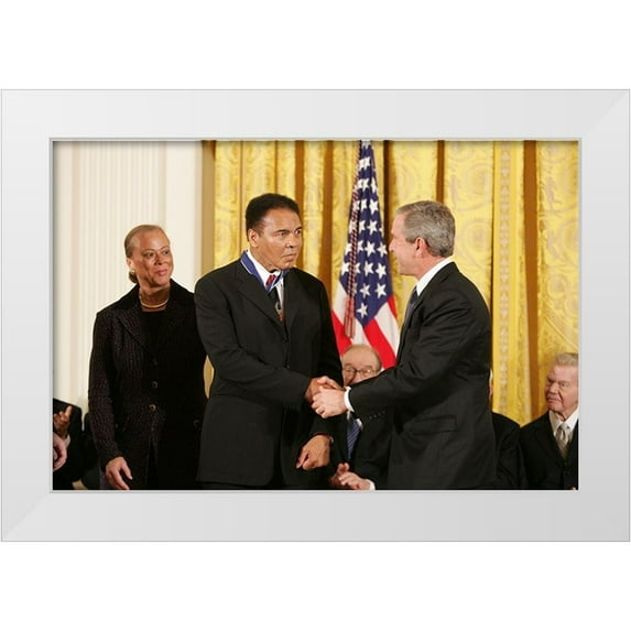 U.S. Archives 24x17 White Modern Wood Framed Museum Art Print Titled - President George W. Bush Shakes Hands with Muhammad Ali