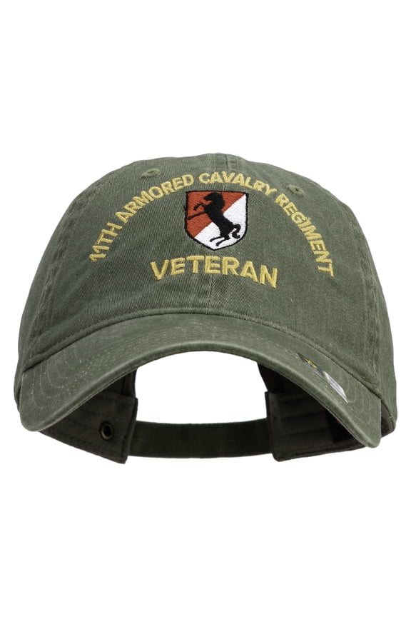 U.S. Army 11th Armored Cavalry Regiment Embroidered Washed Solid Pigment Dyed Cotton Twill Brass Buckle Cap - Olive OSFM