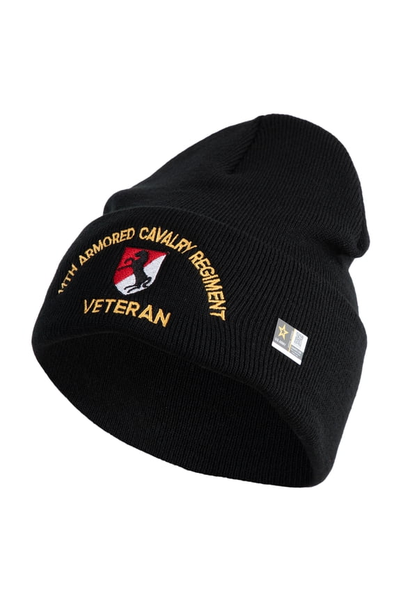 U.S. Army 11th Armored Cavalry Regiment Logo Embroidered 12 Inch Solid Knit Cuff Long Beanie Made in USA - Black OSFM