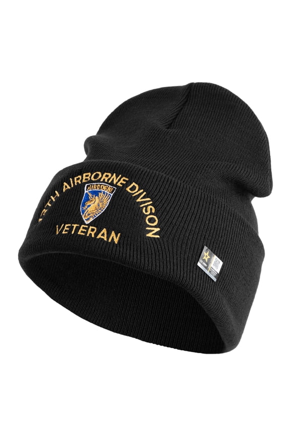 U.S. Army 13th Airborne Divison Logo Embroidered 12 Inch Solid Knit Cuff Long Beanie Made in USA - Black OSFM