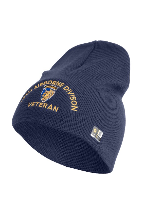 U.S. Army 13th Airborne Divison Symbol Embroidered 8 Inch Solid Knit Short Beanie Made in USA - Navy OSFM