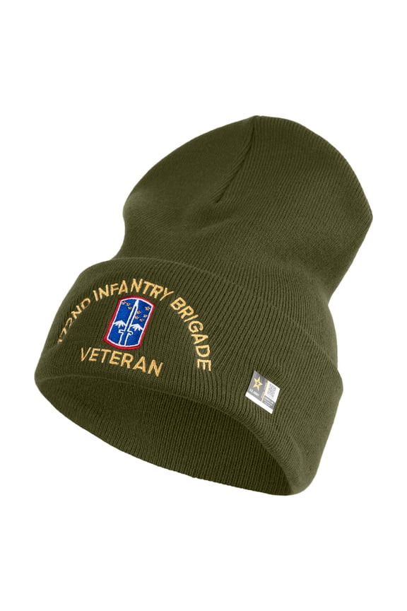 U.S. Army 172nd Infantry Brigade Logo Embroidered 12 Inch Solid Knit Cuff Long Beanie Made in USA - Olive OSFM