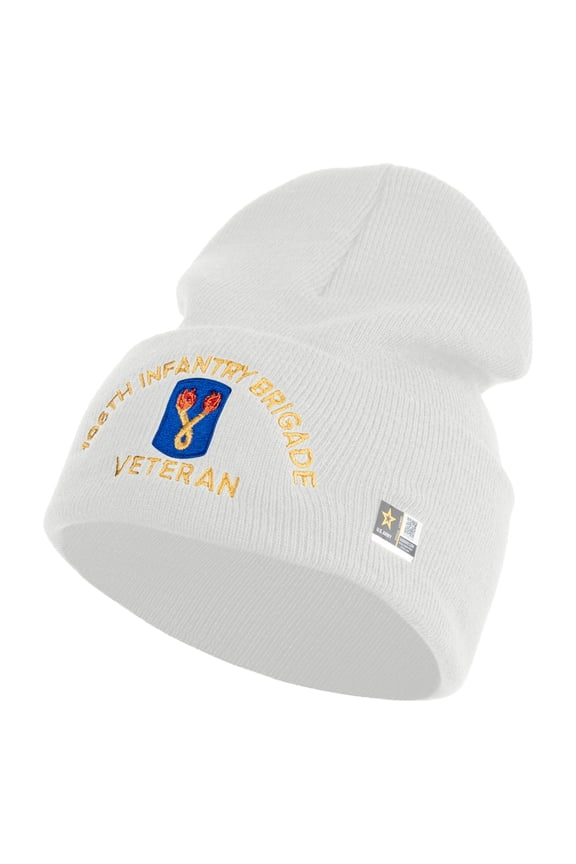 U.S. Army 196th Infantry Brigade Logo Embroidered 12 Inch Solid Knit Cuff Long Beanie Made in USA - White OSFM