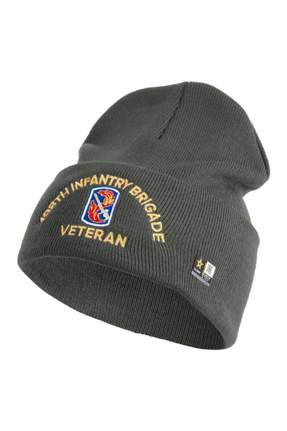U.S. Army 198th Infantry Brigade Logo Embroidered 12 Inch Solid Knit Cuff Long Beanie Made in USA - Charcoal OSFM