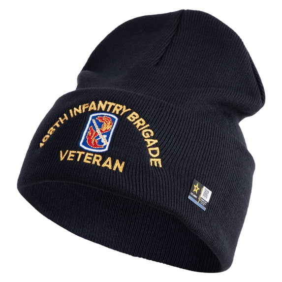 U.S. Army 198th Infantry Brigade Logo Embroidered 12 Inch Solid Knit Cuff Long Beanie Made in USA - Navy OSFM