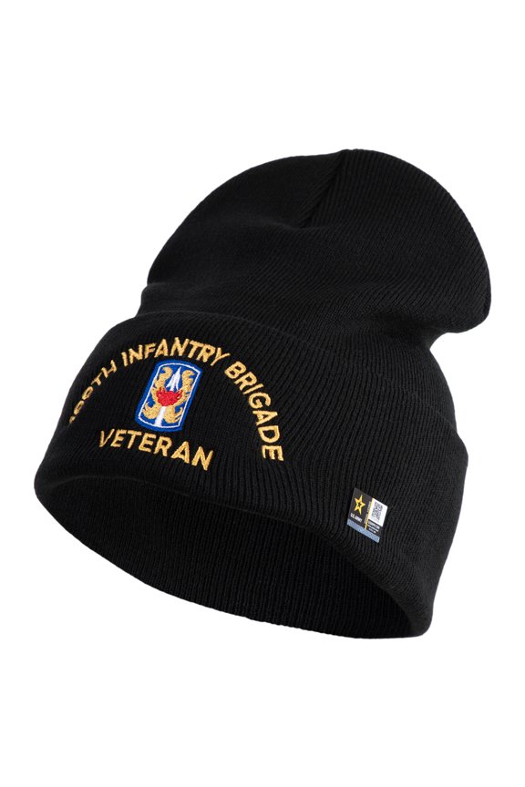 U.S. Army 199th Infantry Brigade Logo Embroidered 12 Inch Solid Knit Cuff Long Beanie Made in USA - Black OSFM