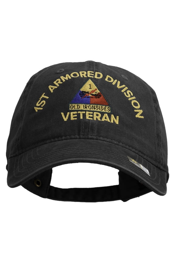 U.S. Army 1st Armored Division Embroidered Washed Solid Pigment Dyed Cotton Twill Brass Buckle Cap - Black OSFM