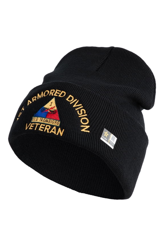U.S. Army 1st Armored Division Logo Embroidered 12 Inch Solid Knit Cuff Long Beanie Made in USA - Black OSFM