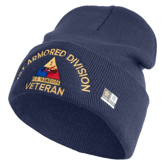 U.S. Army 1st Armored Division Logo Embroidered 12 Inch Solid Knit Cuff Long Beanie Made in USA - Navy OSFM