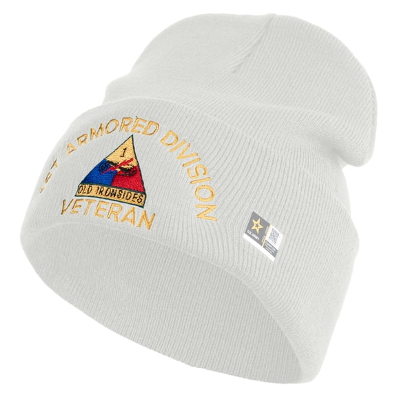 U.S. Army 1st Armored Division Logo Embroidered 12 Inch Solid Knit Cuff Long Beanie Made in USA - White OSFM