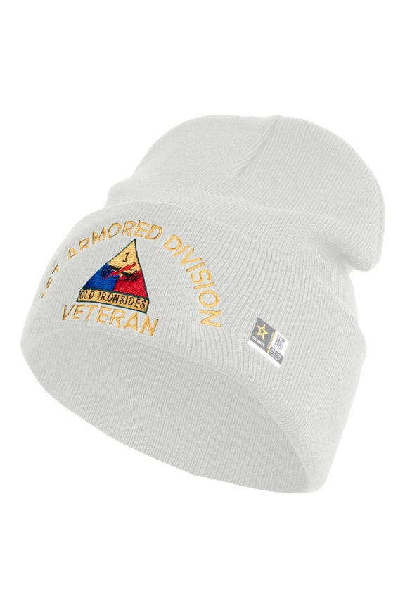 U.S. Army 1st Armored Division Logo Embroidered 12 Inch Solid Knit Cuff Long Beanie Made in USA - White OSFM