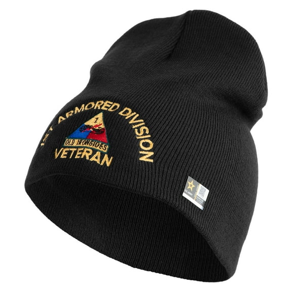U.S. Army 1st Armored Division Symbol Embroidered 8 Inch Solid Knit Short Beanie Made in USA - Black OSFM