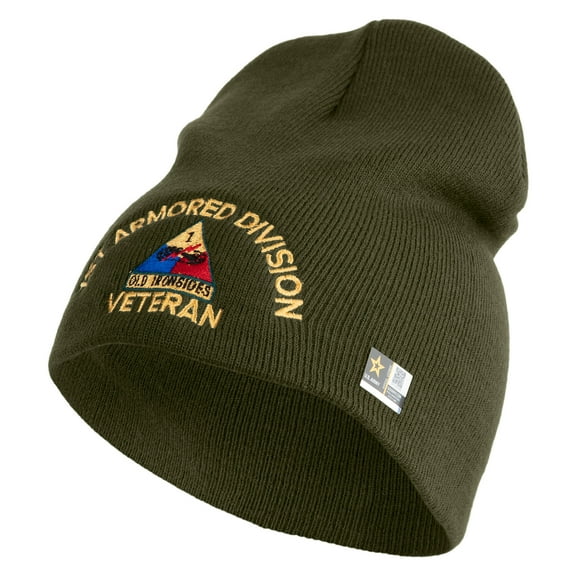 U.S. Army 1st Armored Division Symbol Embroidered 8 Inch Solid Knit Short Beanie Made in USA - Olive OSFM