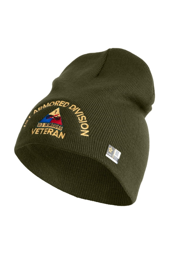U.S. Army 1st Armored Division Symbol Embroidered 8 Inch Solid Knit Short Beanie Made in USA - Olive OSFM