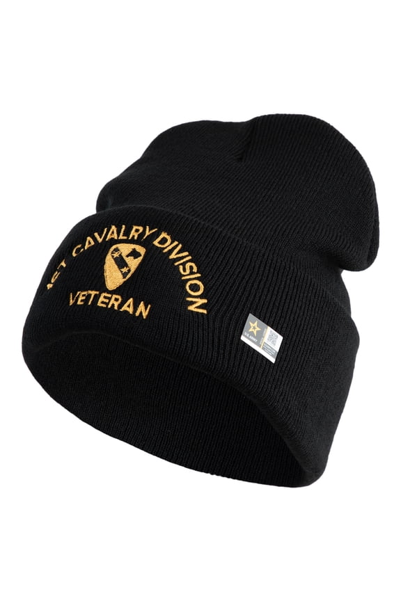 U.S. Army 1st Cavalry Division Logo Embroidered 12 Inch Solid Knit Cuff Long Beanie Made in USA - Black OSFM