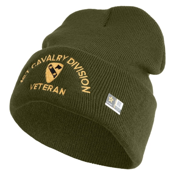 U.S. Army 1st Cavalry Division Logo Embroidered 12 Inch Solid Knit Cuff Long Beanie Made in USA - Olive OSFM