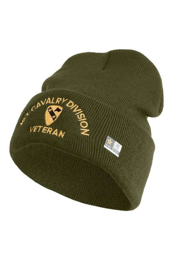 U.S. Army 1st Cavalry Division Logo Embroidered 12 Inch Solid Knit Cuff Long Beanie Made in USA - Olive OSFM