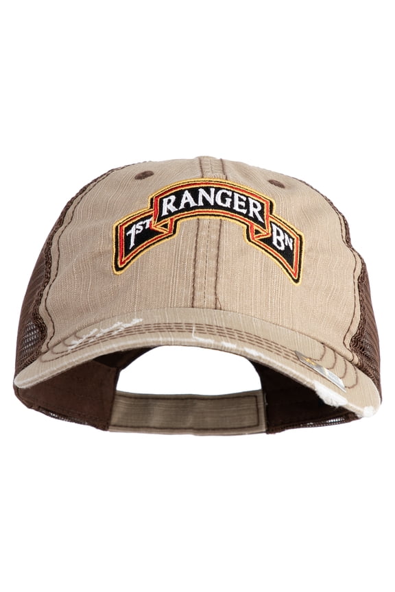 U.S. Army 1st Ranger Battalion Embroidered Low Profile Special Cotton Mesh Cap - Khaki Brown OSFM