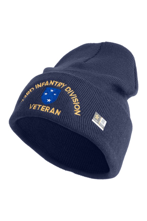 U.S. Army 23rd Infantry Division Logo Embroidered 12 Inch Solid Knit Cuff Long Beanie Made in USA - Navy OSFM